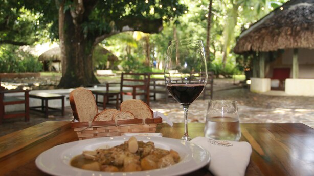 Una mesa de comedor con un plato de comida, una copa de vino tinto y un vaso de agua, ubicada en un espacio al aire libre con árboles y una estructura de techo de paja.