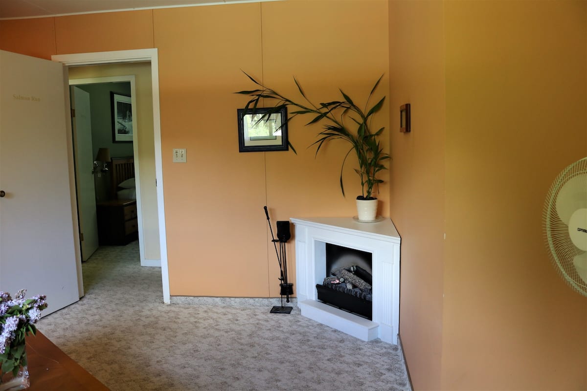 Um quarto com lareira, planta em vaso, quadro e ventilador.