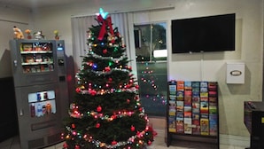 Una sala de estar con un árbol de Navidad decorado, una máquina expendedora y un reproductor de DVD.