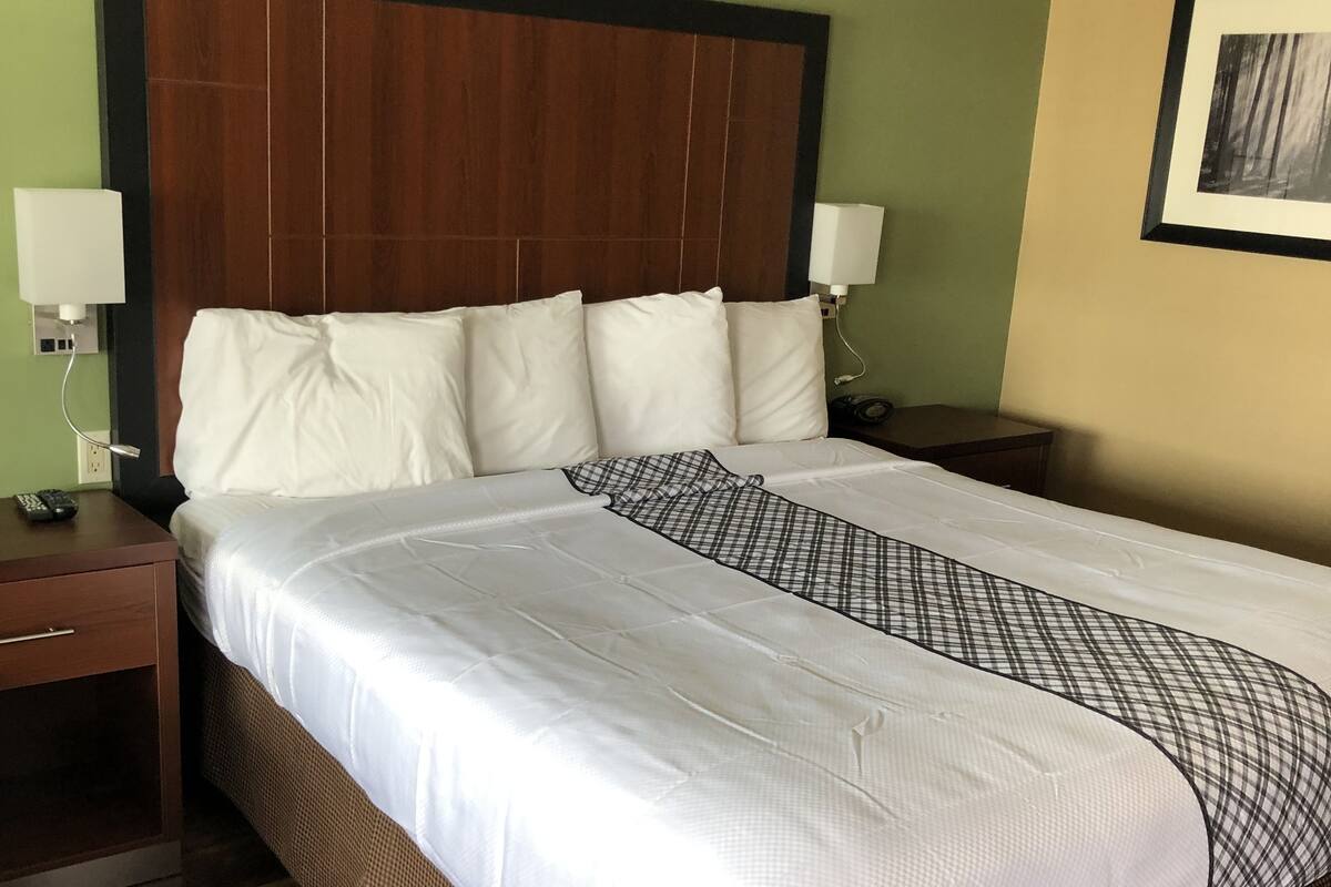 A hotel room with a large bed, two bedside tables, a headboard, and a framed picture on the wall.
