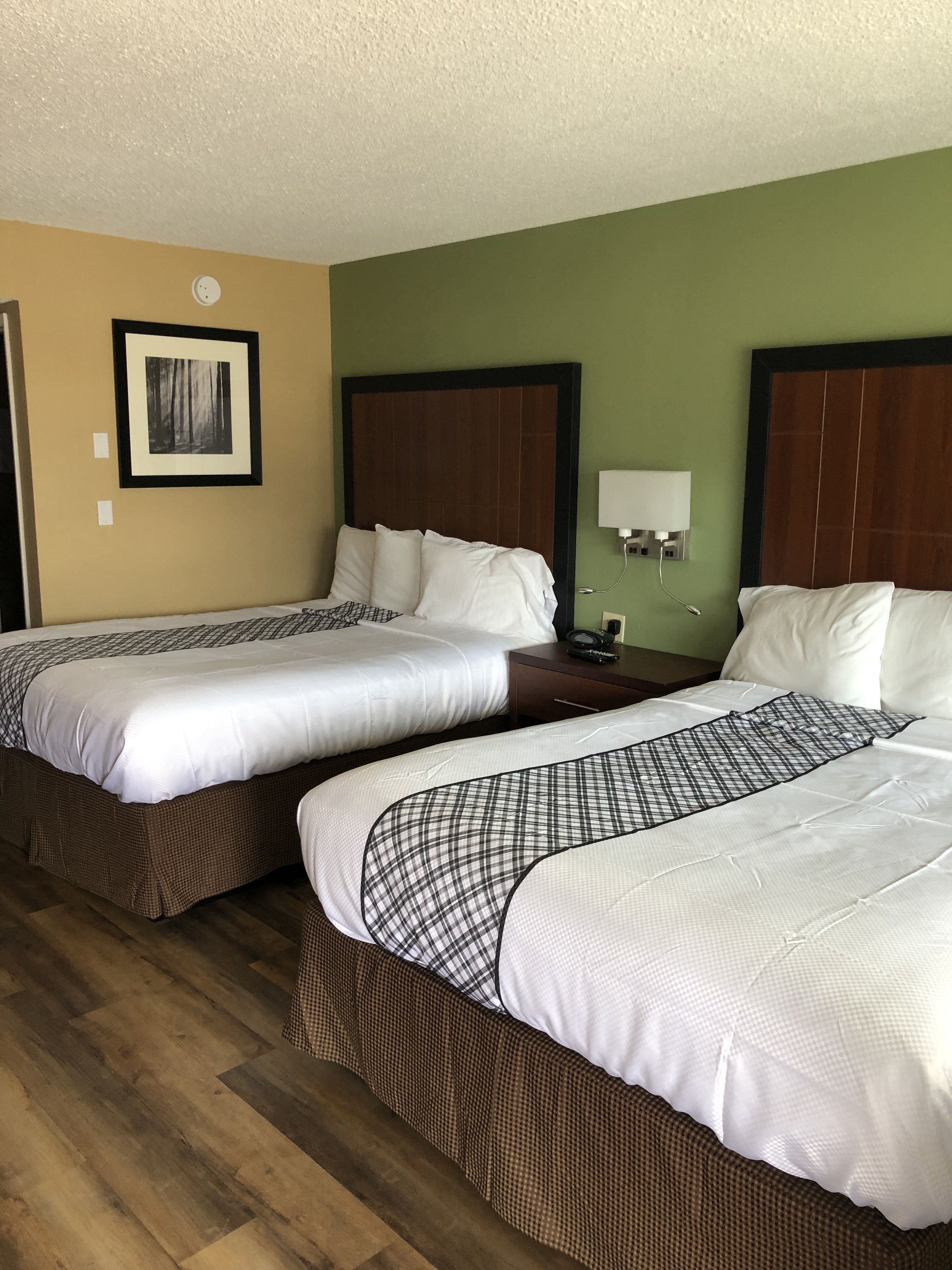A hotel room with two beds, wooden headboards, a framed picture on the wall, and a bedside table with a lamp.
