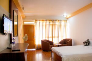 Habitación de hotel con una cama, dos sillones, una mesita, un televisor y un espejo.