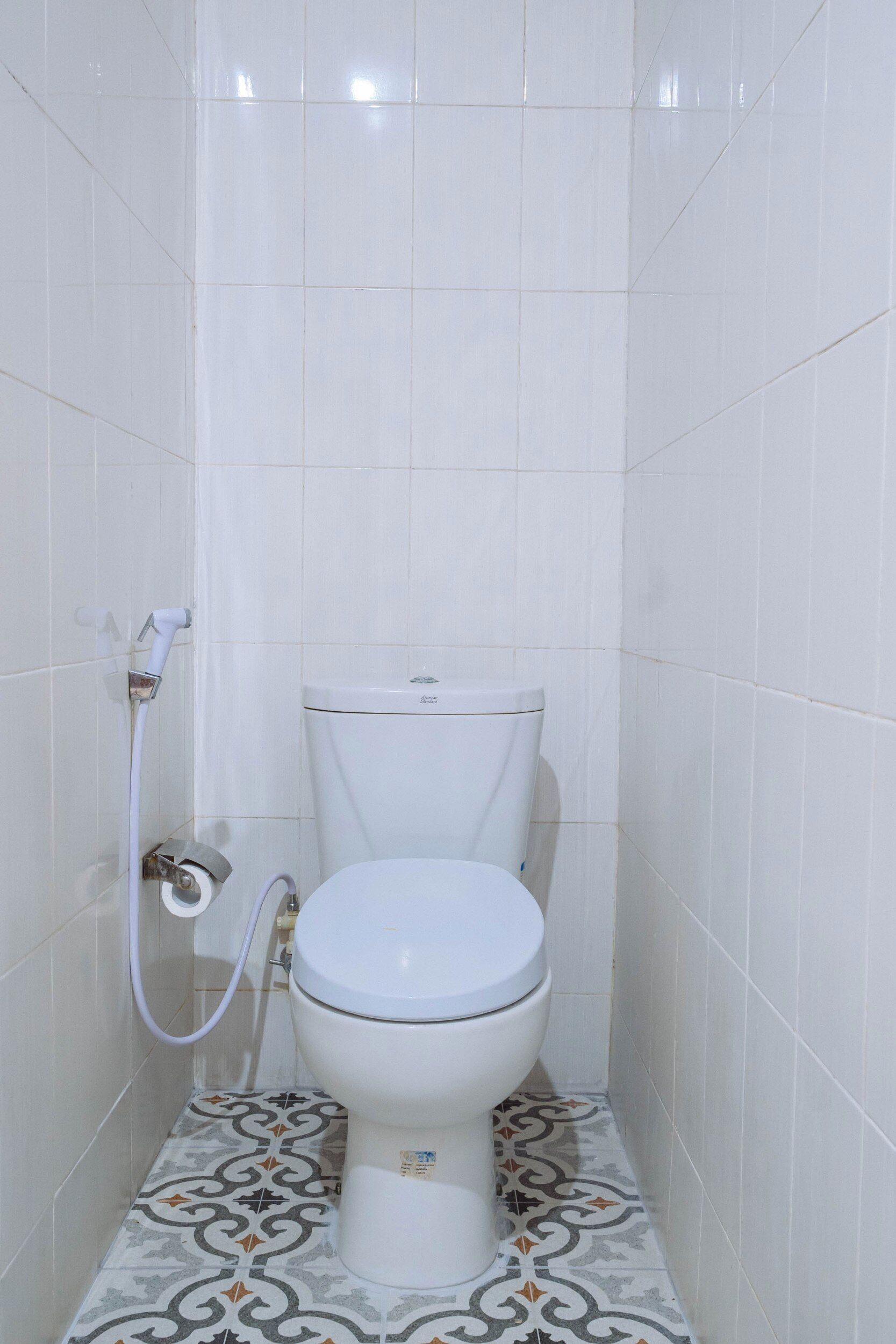 A small, white toilet with a roll of toilet paper on the left, a shower hose on the right, and patterned floor tiles.