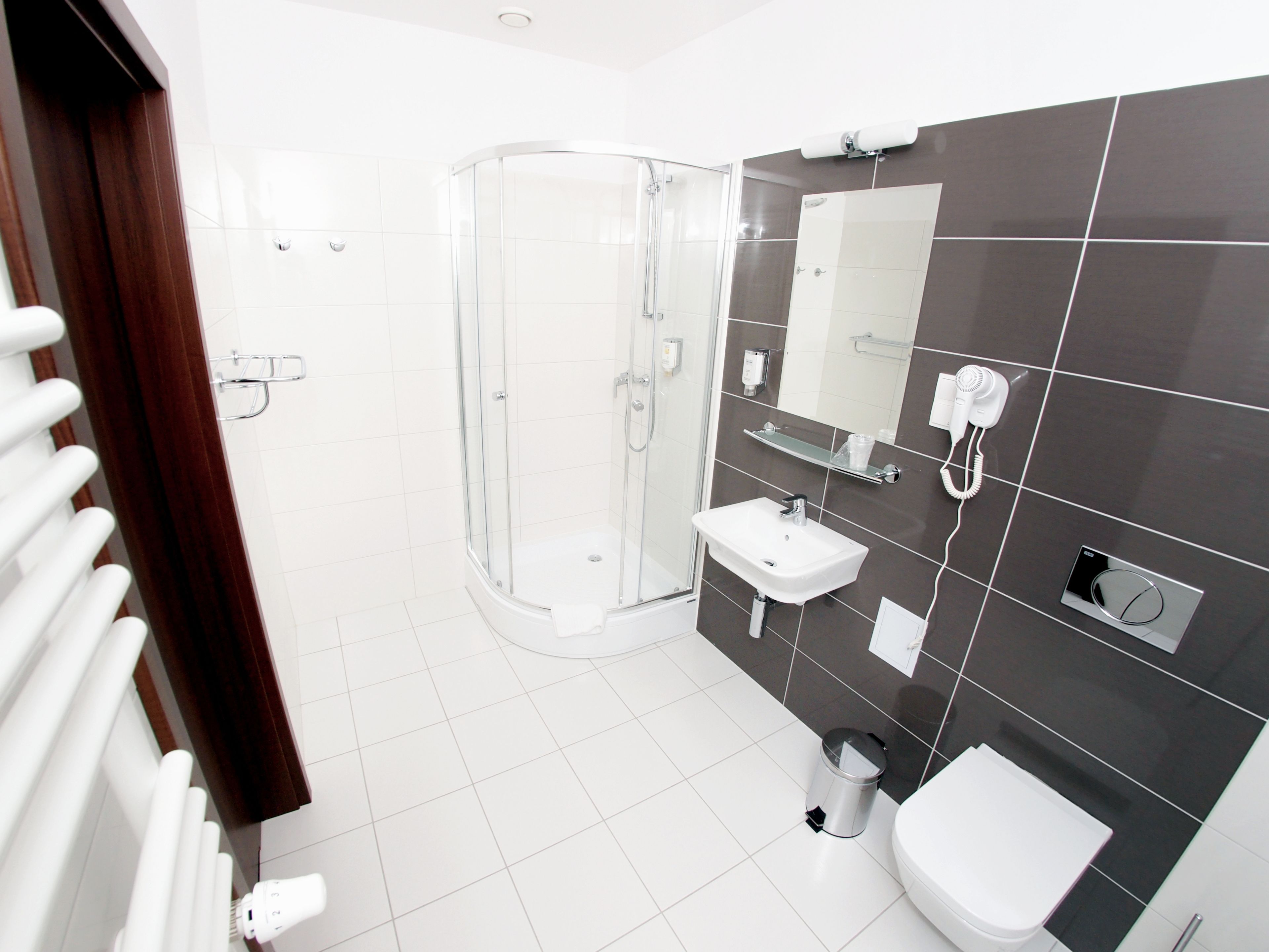 shower, free toiletries, hair dryer, towels