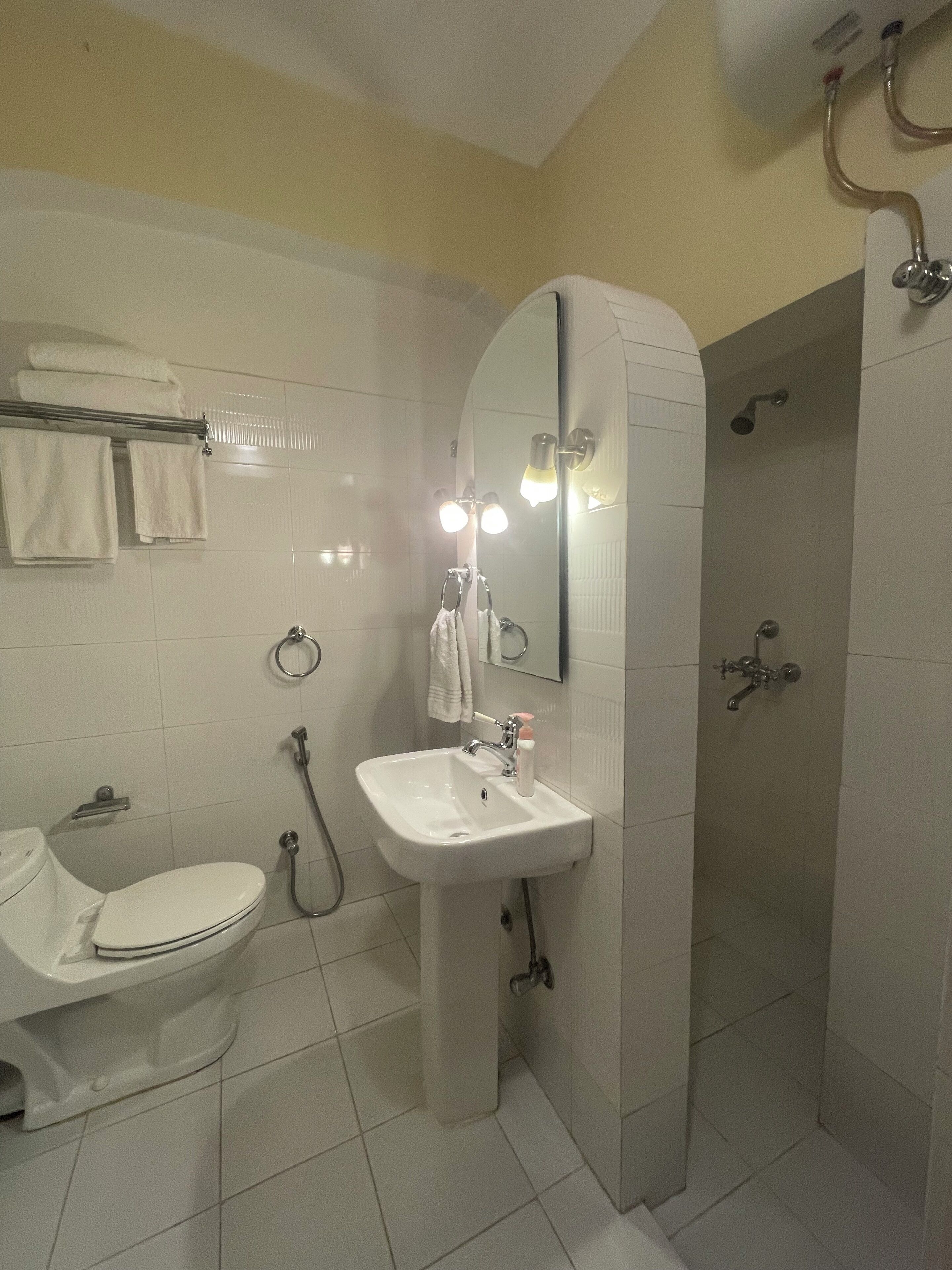 A bathroom with a toilet, sink, and shower.