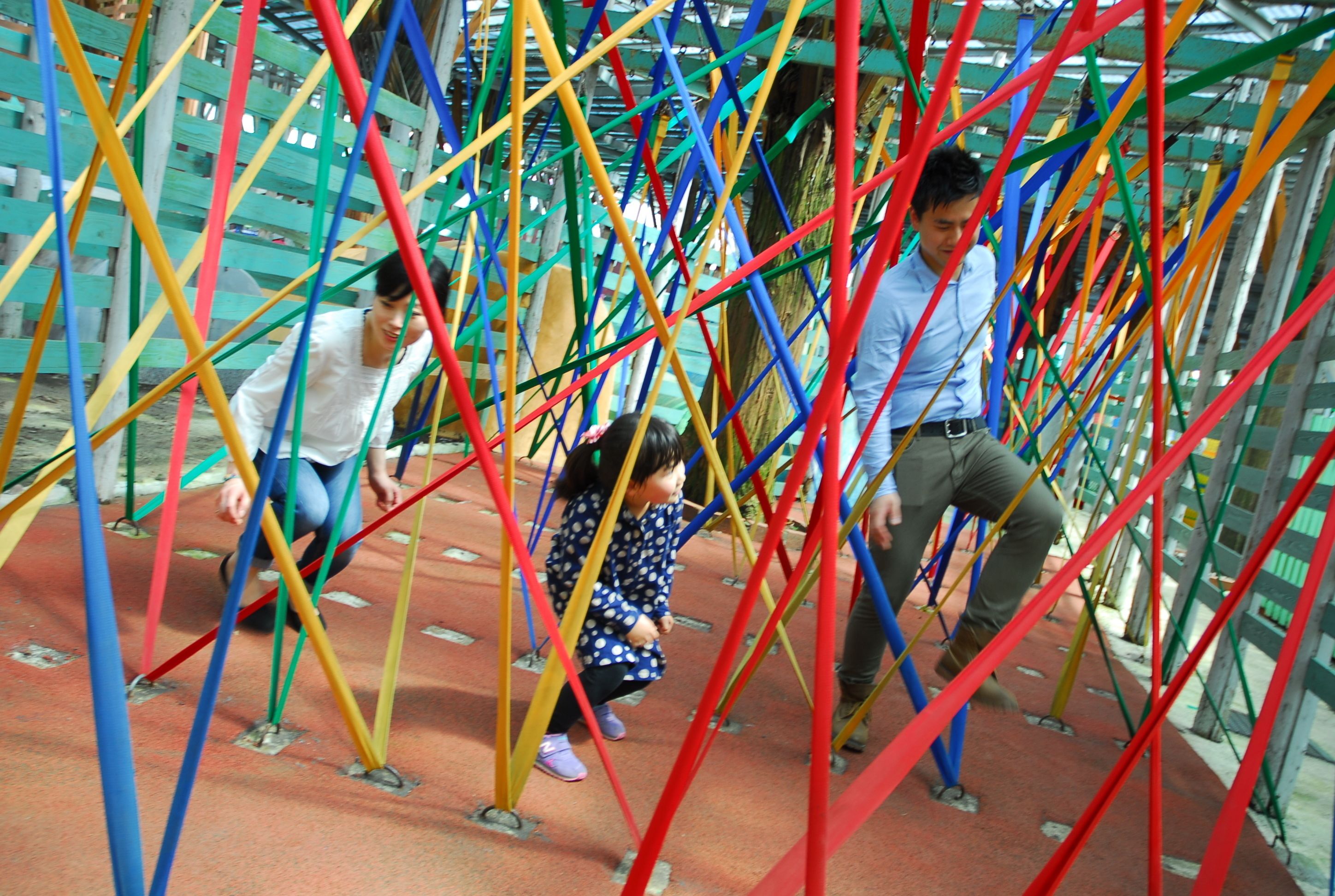 A playground with colorful climbing structures.