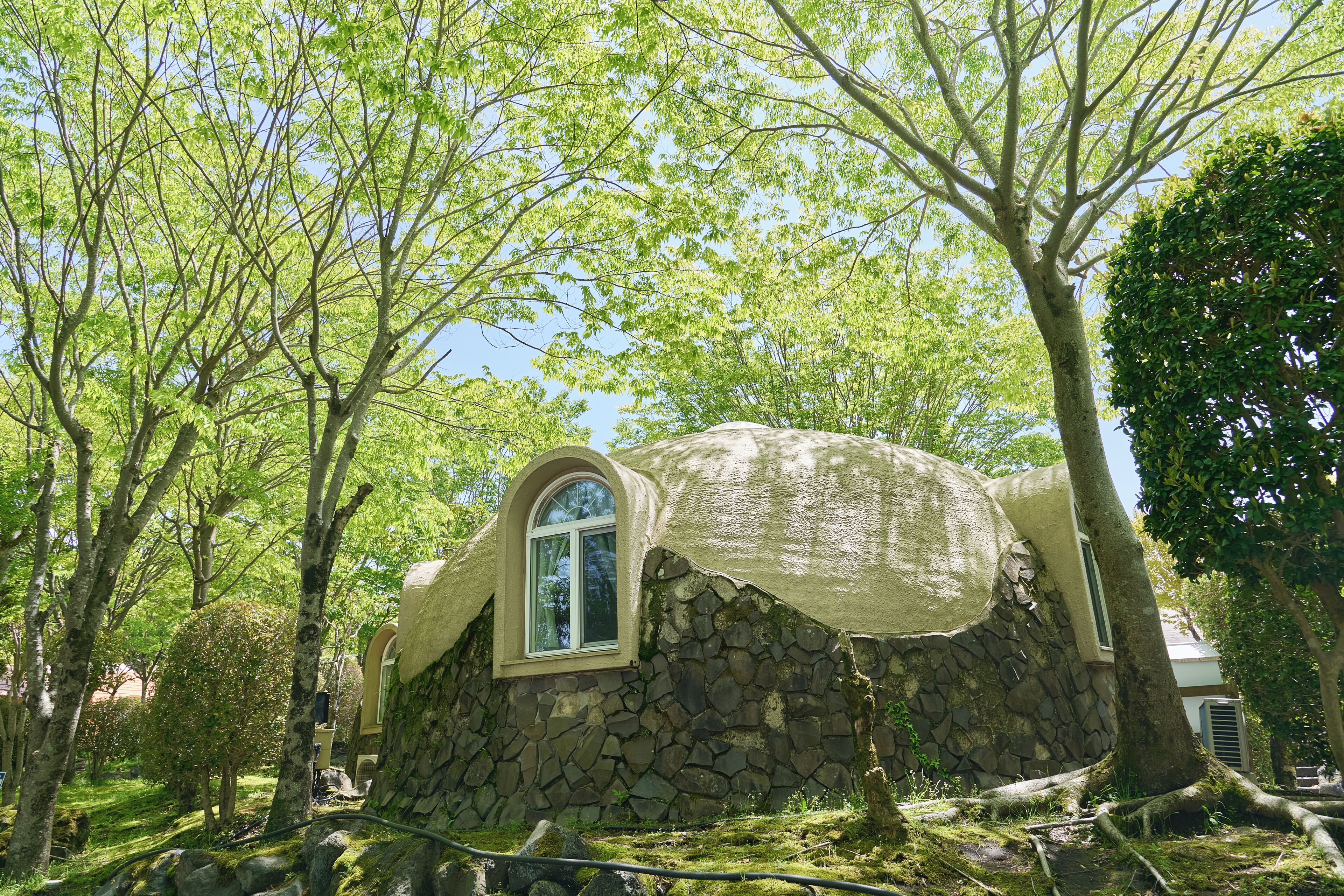 Ein Haus aus Stein mit Runddach und Fenster, umgeben von Bäumen.