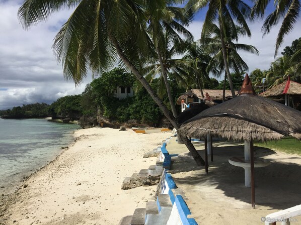 On the beach, sun loungers, beach umbrellas, beach towels