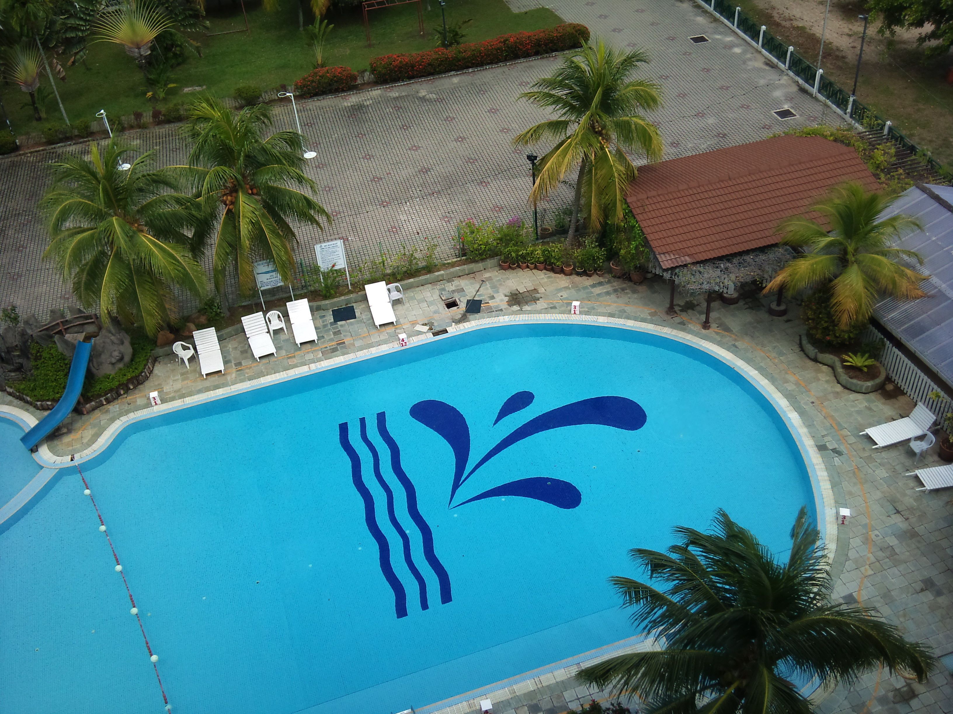 Ein Swimmingpool mit blauem Logo, umgeben von Palmen und Liegestühlen.