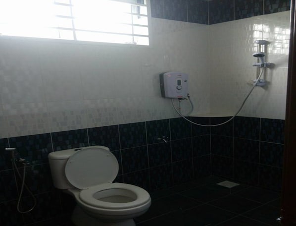 A bathroom with a toilet, a shower, and a window.