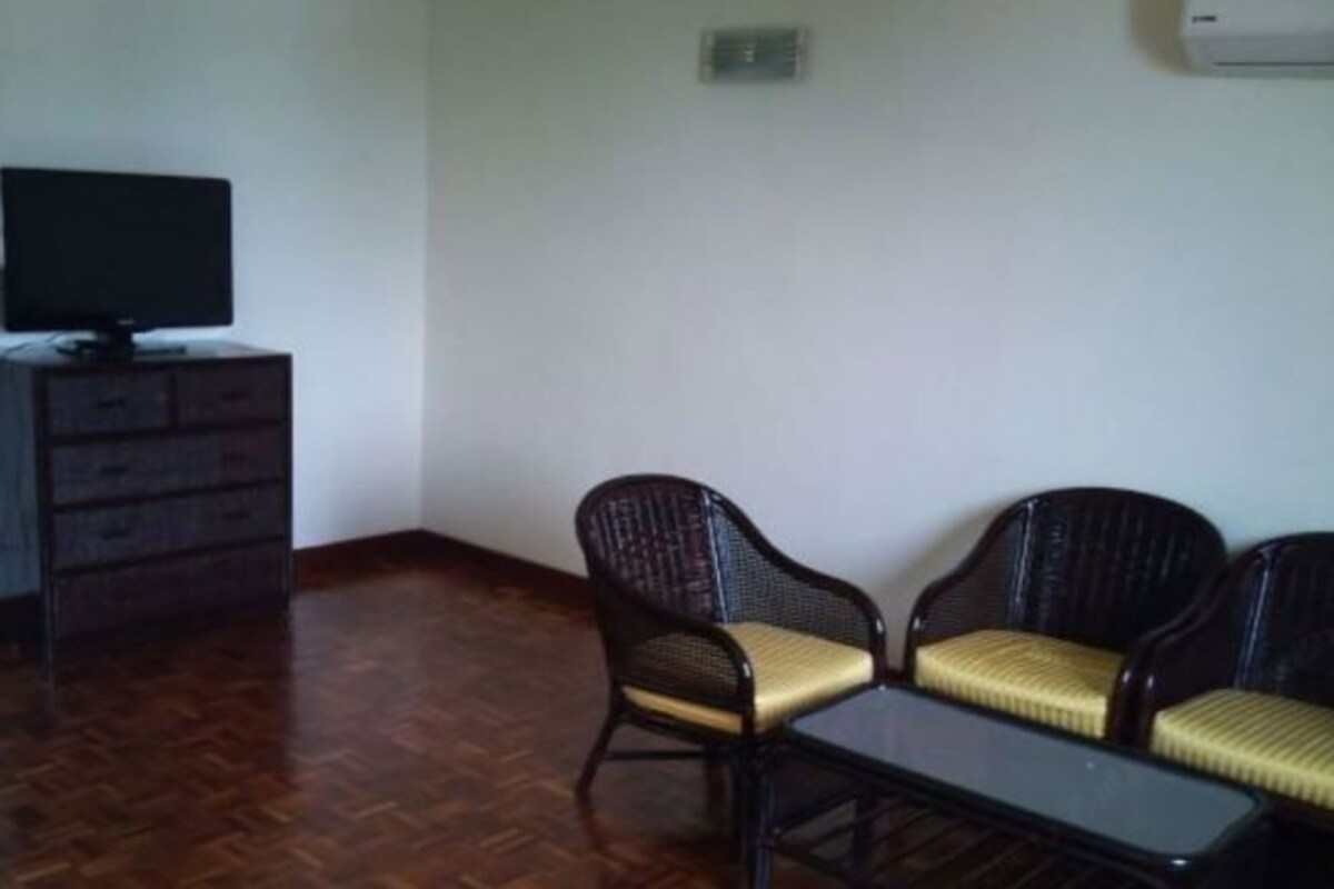A room with a wooden herringbone floor, a television on a cabinet, and two dark wicker chairs with yellow cushions.
