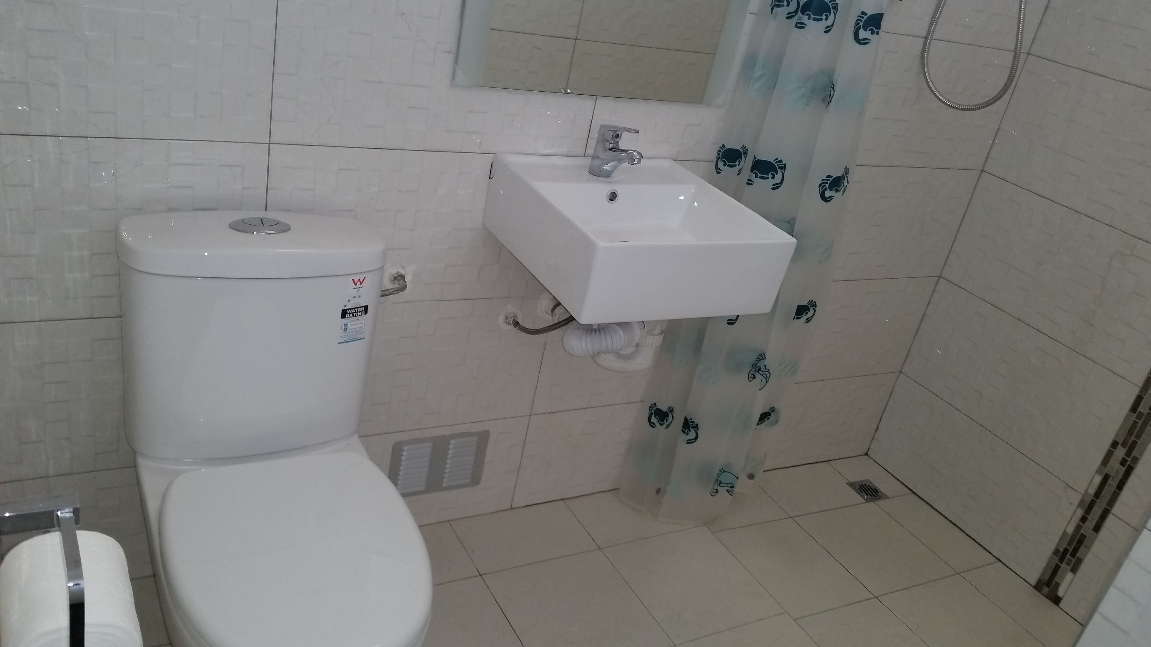 A bathroom with a toilet, sink, and shower curtain.