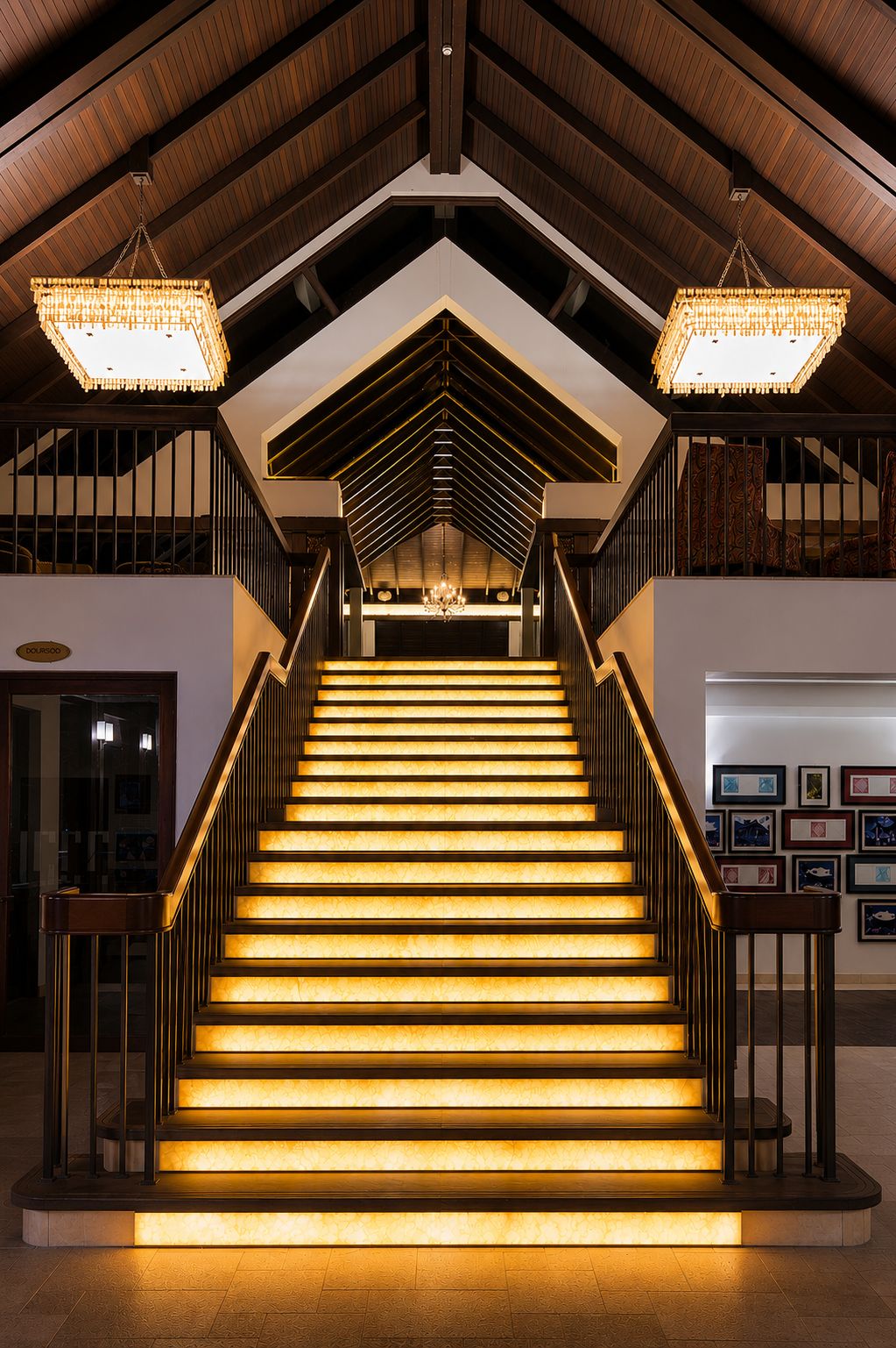 En storslagen trappa med upplysta trappsteg som leder upp till ett högt tak med synliga träbjälkar.