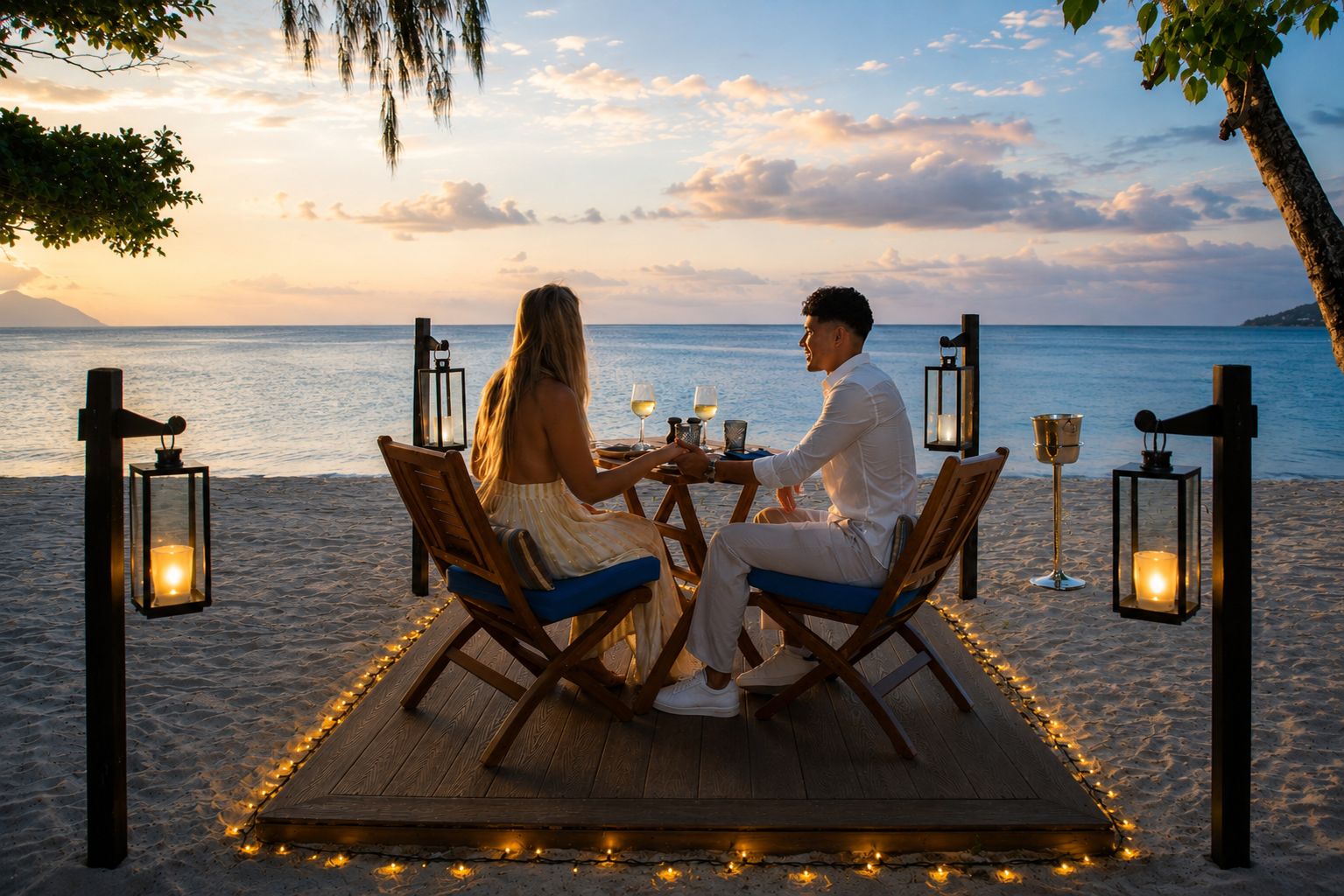 A couple dining at a wooden table on a beach deck with lanterns and candles, overlooking the sea.