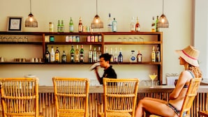 Eine Bar mit Korbstühlen, Regalen voller Spirituosen und einem Barkeeper.