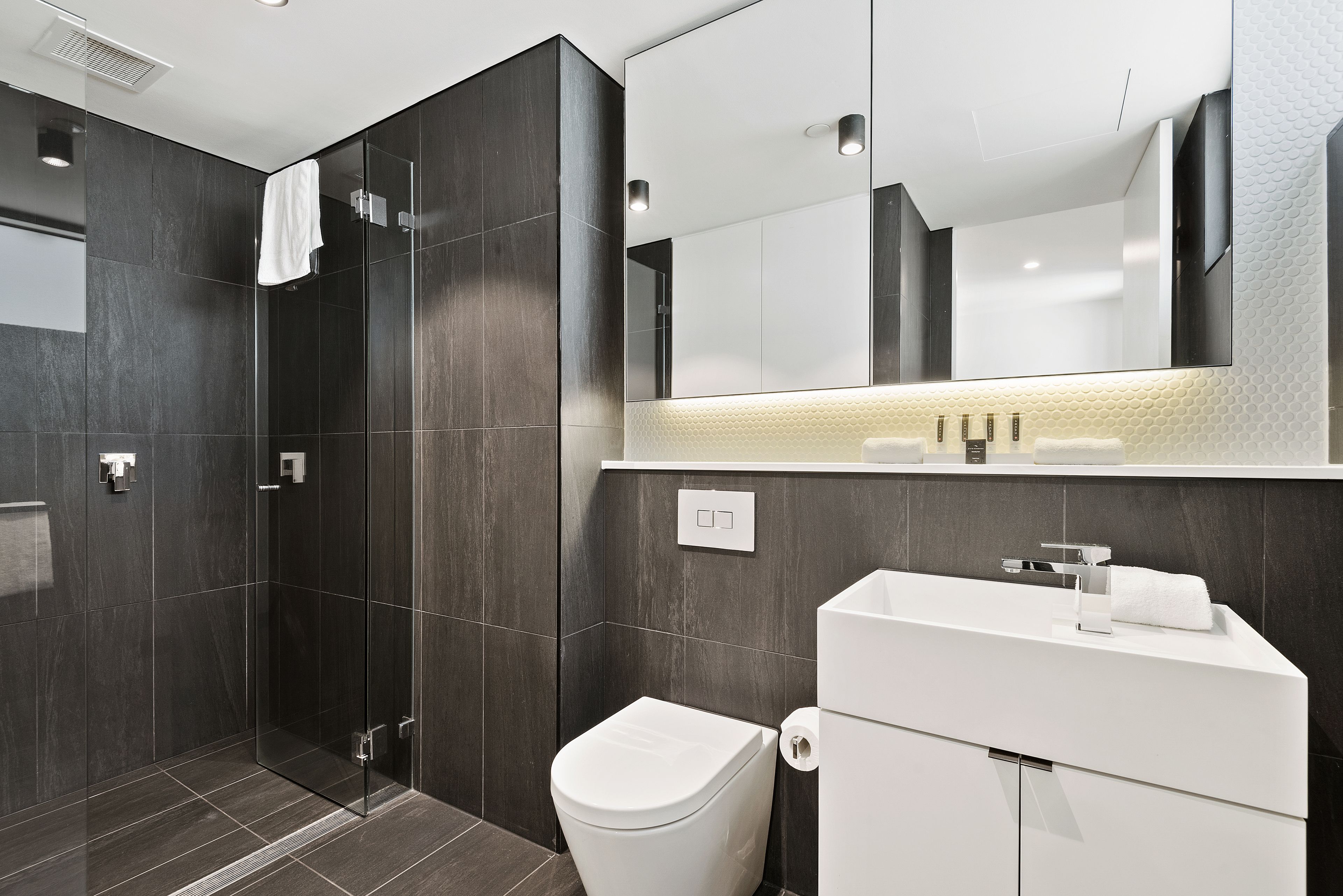 A modern bathroom with dark tiles, a glass shower enclosure, a white toilet, and a large mirror above the sink.