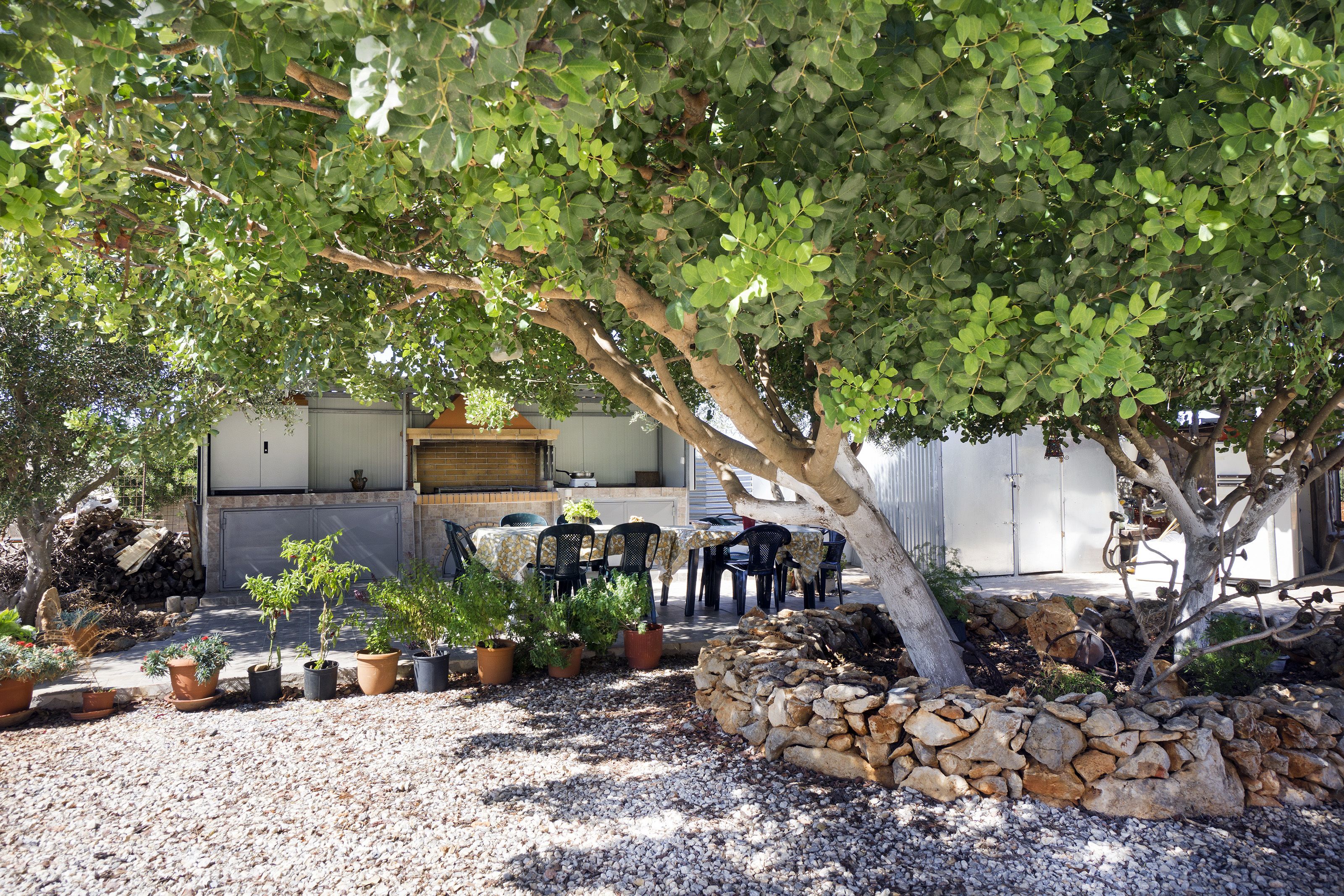 An outdoor patio area with potted plants, a stone wall, and a grill.