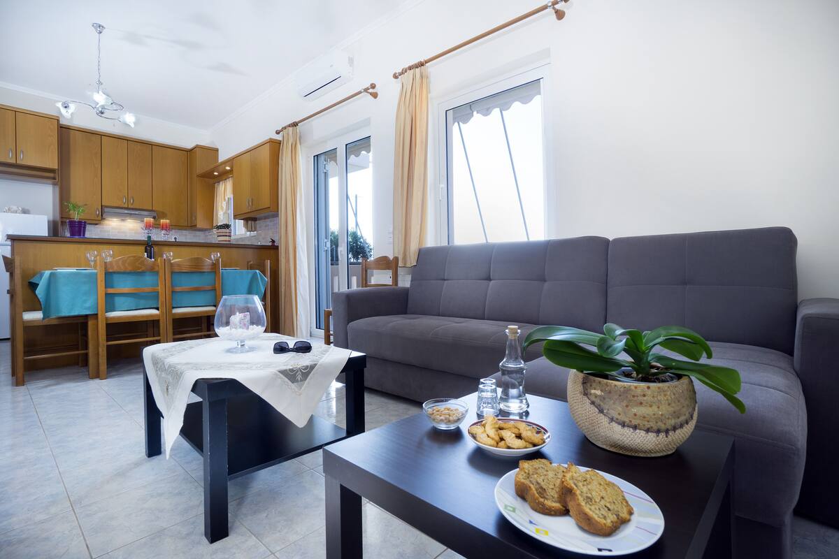 Un salon moderne avec un canapé gris, une table à manger avec des chaises, un coin cuisine et une plante en pot.