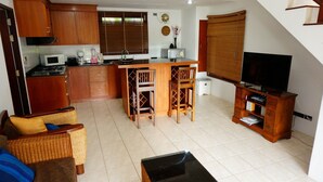 A compact living space with a kitchenette, a dining area with two wooden chairs, a sofa with cushions, and a television on a wooden stand.