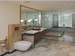 A modern bathroom with a large mirror, two sinks, a toilet, and a glass-enclosed shower area. - Talai Bagh Palace (Amer)