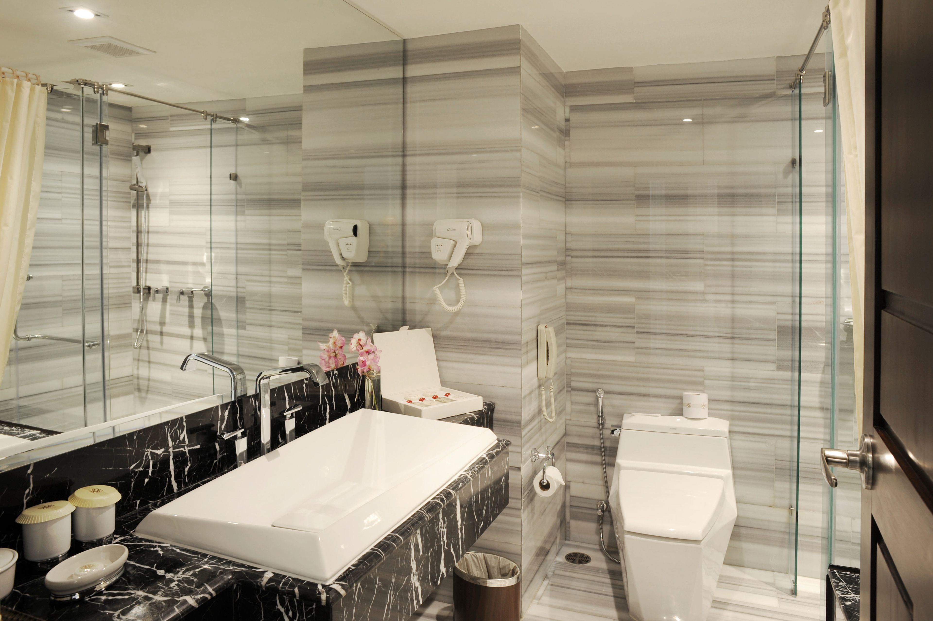 free toiletries, hair dryer, bathrobes, slippers