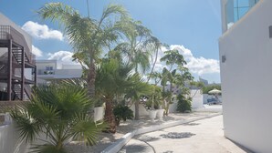 A modern building with a curved pathway, palm trees, and a clear sky. - Pavlinia Hotel Apartments (Ayia Napa)