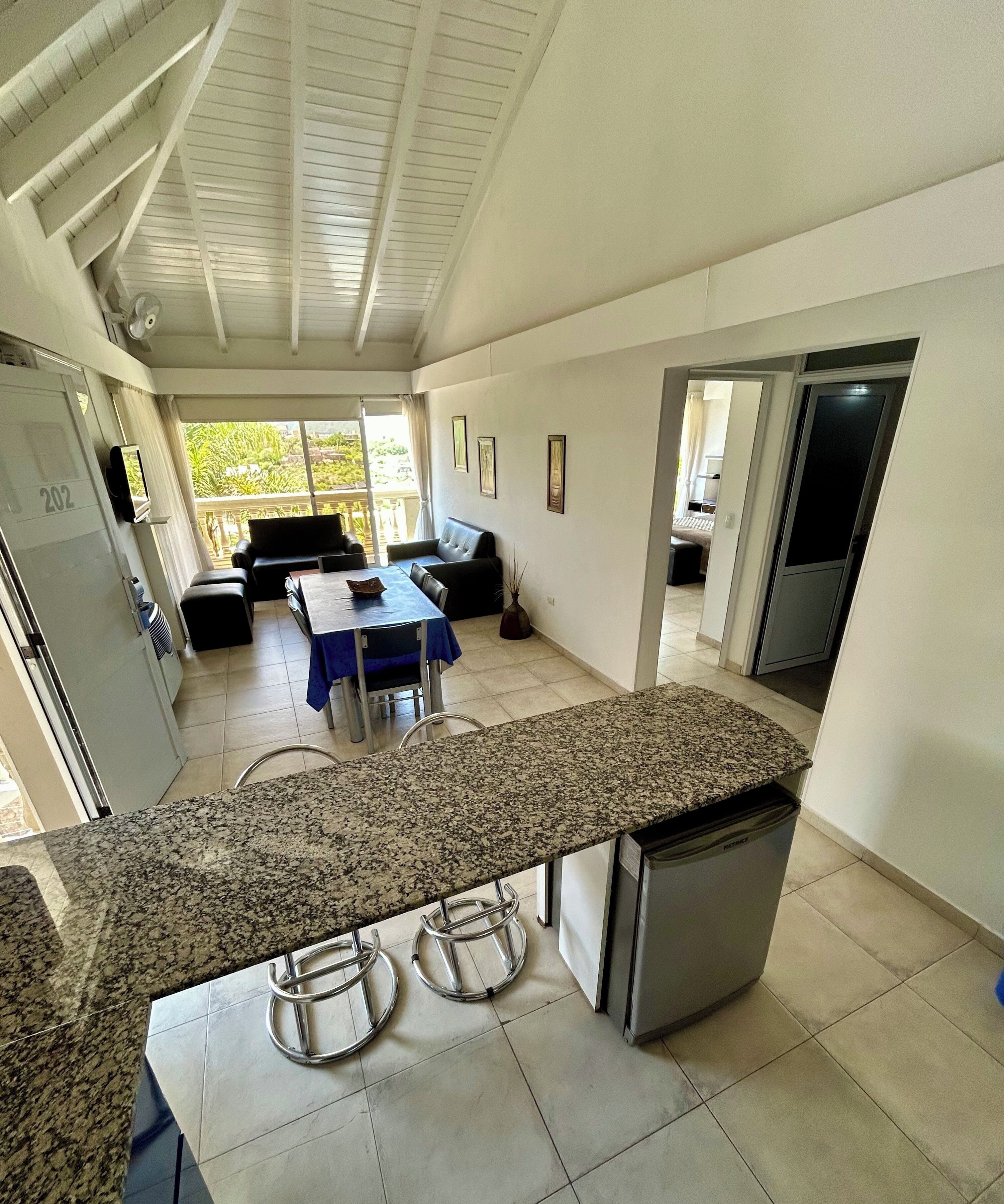 Une cuisine moderne dotée de plans de travail en granit, d’un lave-vaisselle encastré et d’un coin repas avec une table et des chaises.