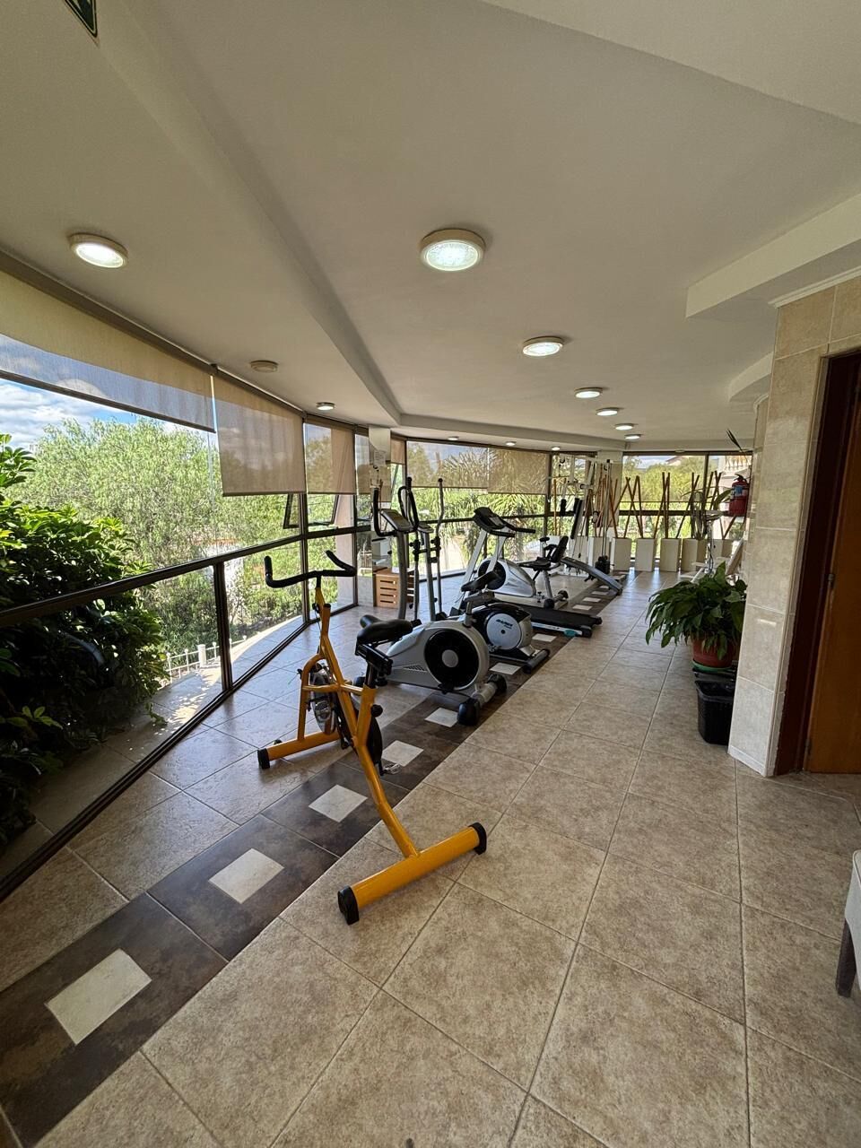 A gym with exercise equipment, large windows, and a view of greenery.