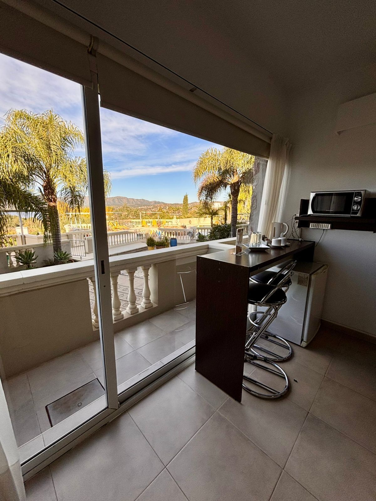 A balcony with a view of palm trees and mountains, a kitchen area with a microwave, and a sliding glass door.