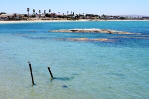 A coastal view with clear blue water, a sandy beach, and a row of houses in the background. - Hoedjiesbaai Hotel (Saldanha)