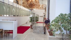 A modern interior with a red carpet, marble flooring, and potted plants. - Narr Twin (Kas)