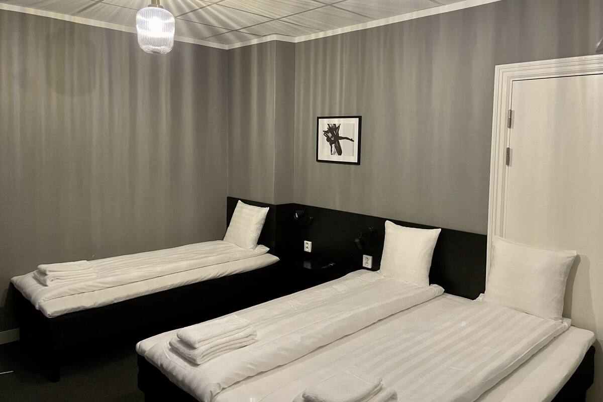 A hotel room with two single beds, a ceiling light fixture, a framed picture on the wall, and a door.