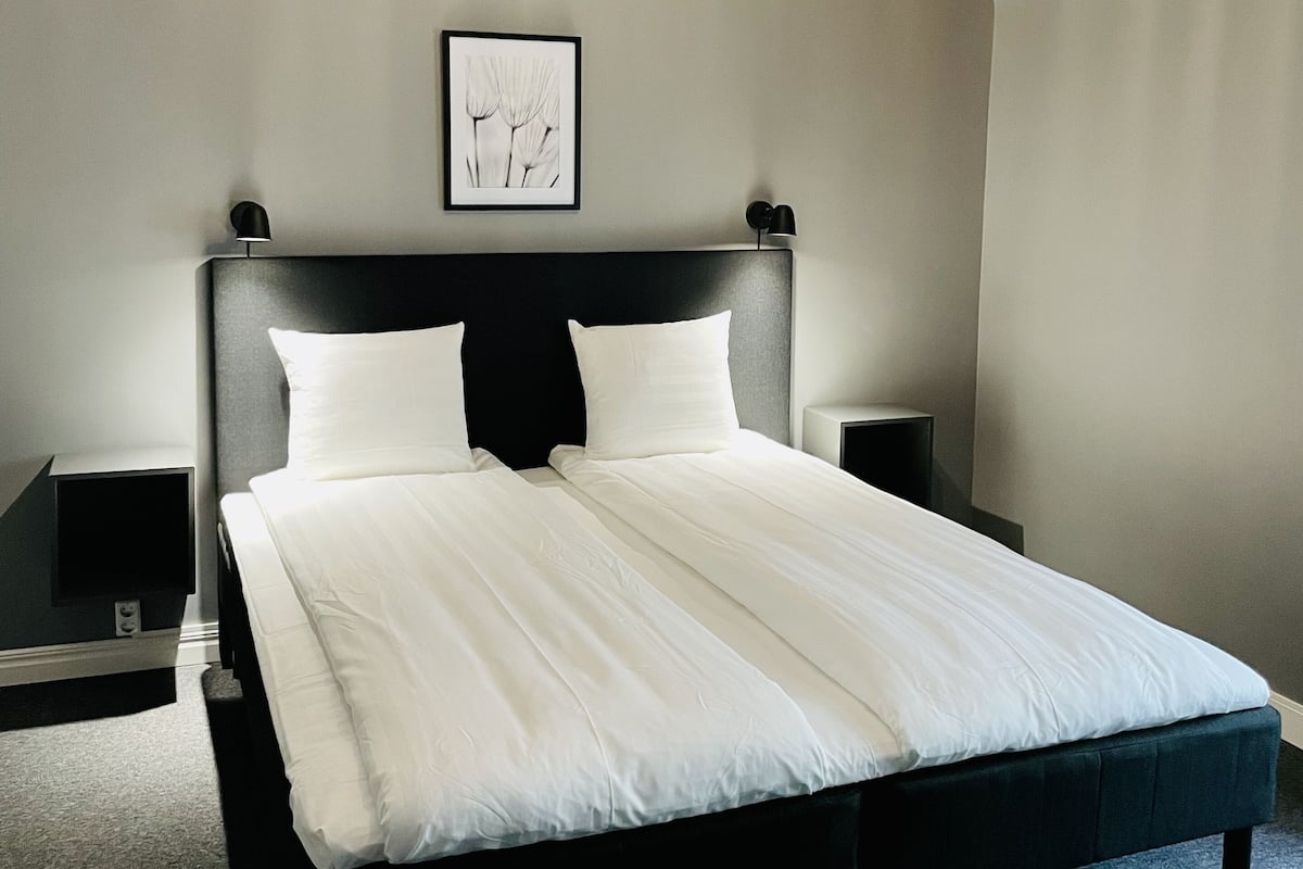A modern bedroom with a large bed, two bedside tables, a framed picture on the wall, and a hanging light fixture.