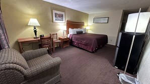 A hotel room with a bed, a desk, a chair, a sofa, and a refrigerator.