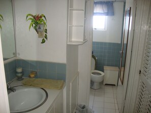 A bathroom with a sink, toilet, and a window with a curtain.
