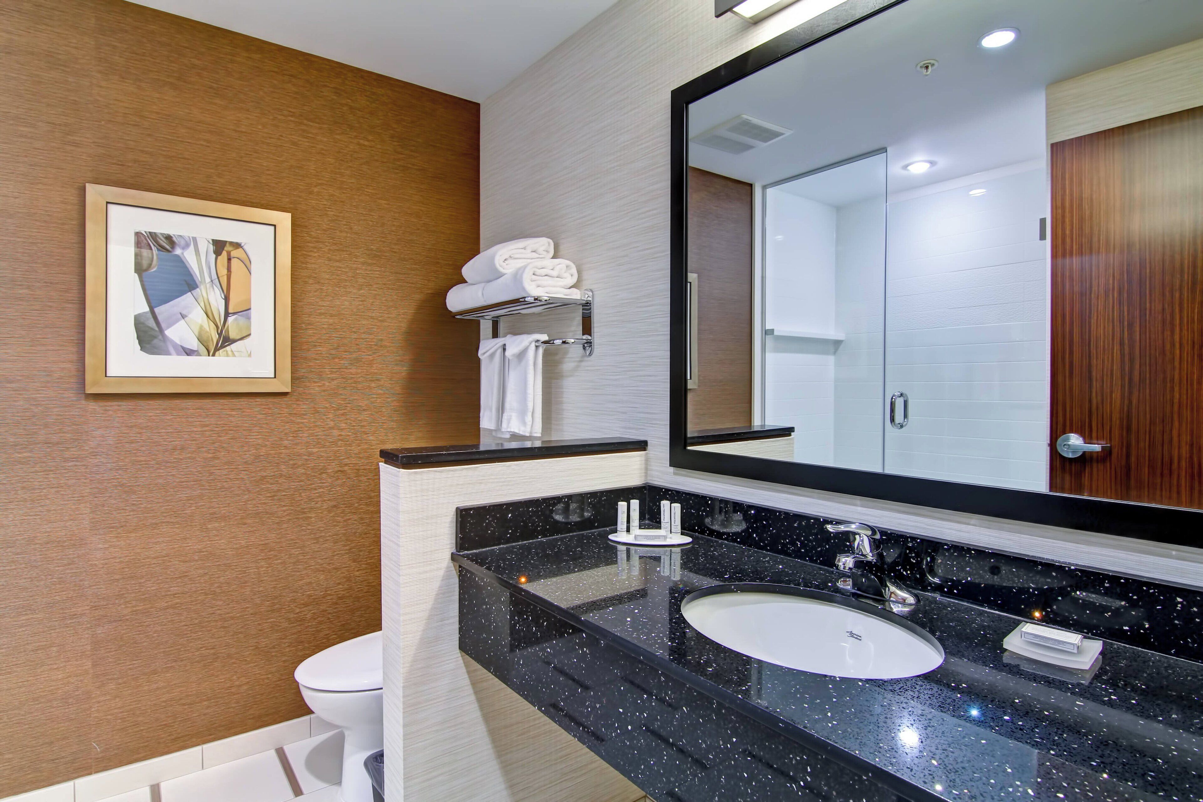 combined shower/bathtub, free toiletries, hair dryer, towels