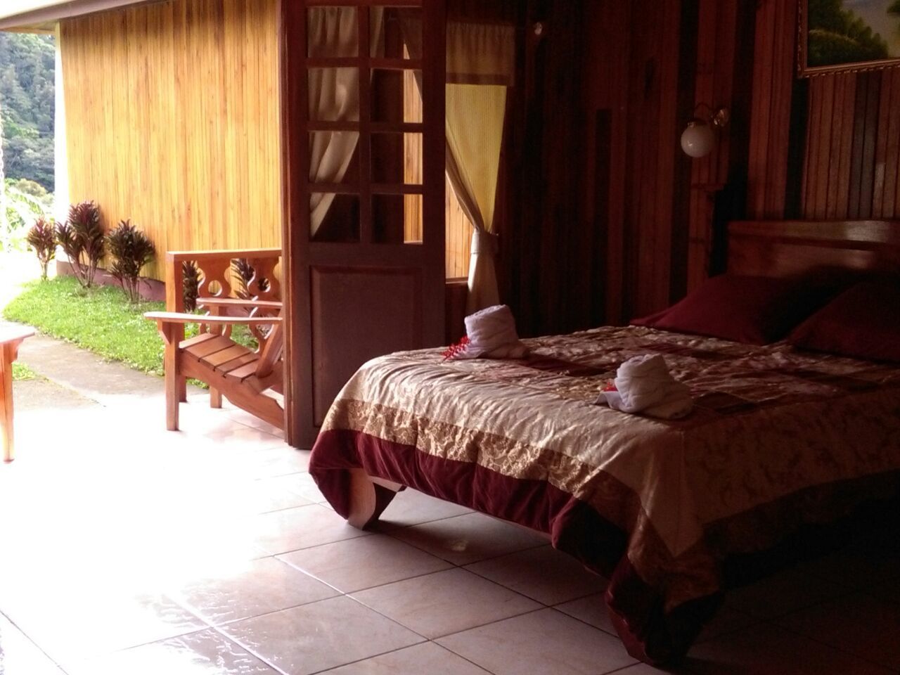Una habitación de madera con una cama, un banco y vistas al verdor exterior.