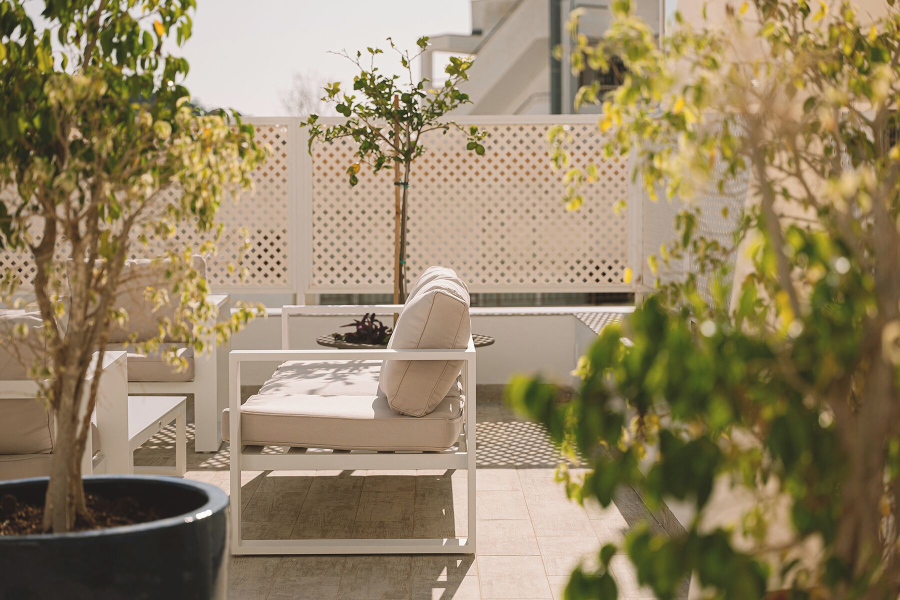 Un área de estar al aire libre iluminada por el sol, con una silla blanca acolchada y una mesa pequeña, rodeada de plantas en macetas y un cerramiento decorativo.
