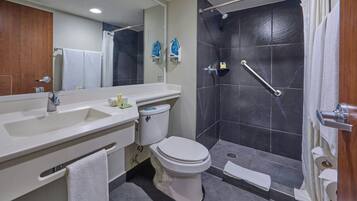 Une salle de bain moderne équipée d’un lavabo, de toilettes et d’une douche.