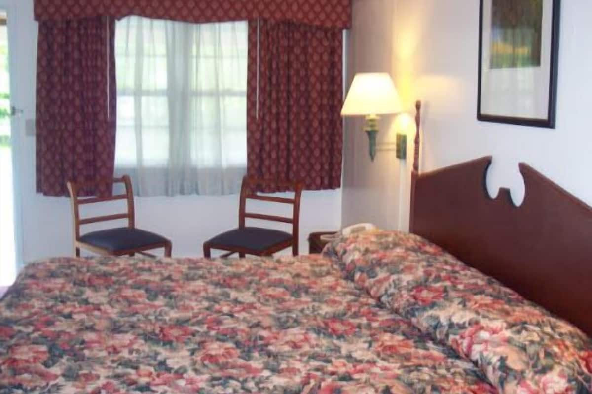 A bedroom with a floral bedspread, two wooden chairs, a nightstand with a lamp, and a framed picture on the wall.