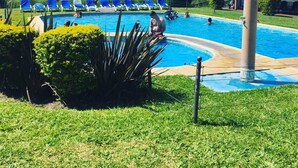 Une piscine avec des chaises bleues et un bâtiment en arrière-plan.