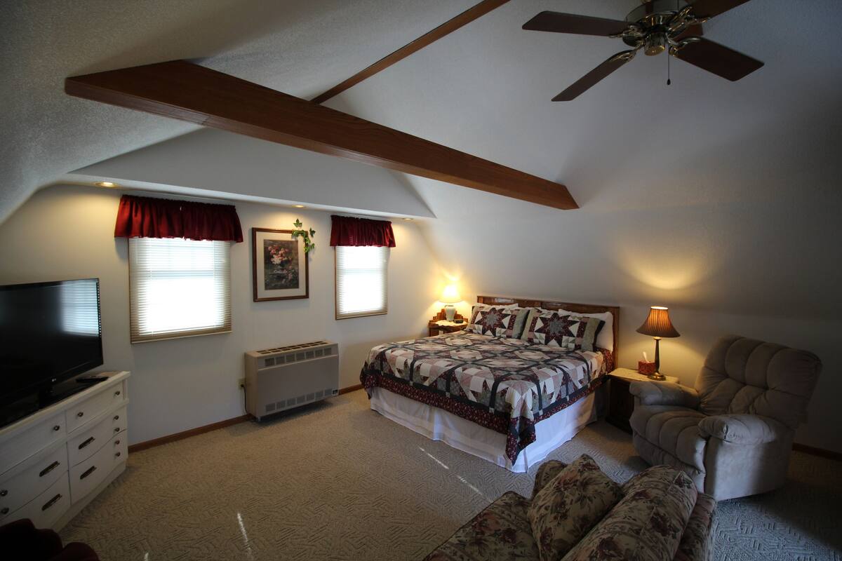A bedroom with a bed, a TV, a chair, and a ceiling fan.