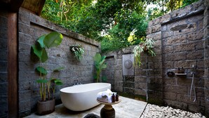Une salle de bain de style spa avec une baignoire sur pieds, un mur en pierre et diverses plantes.