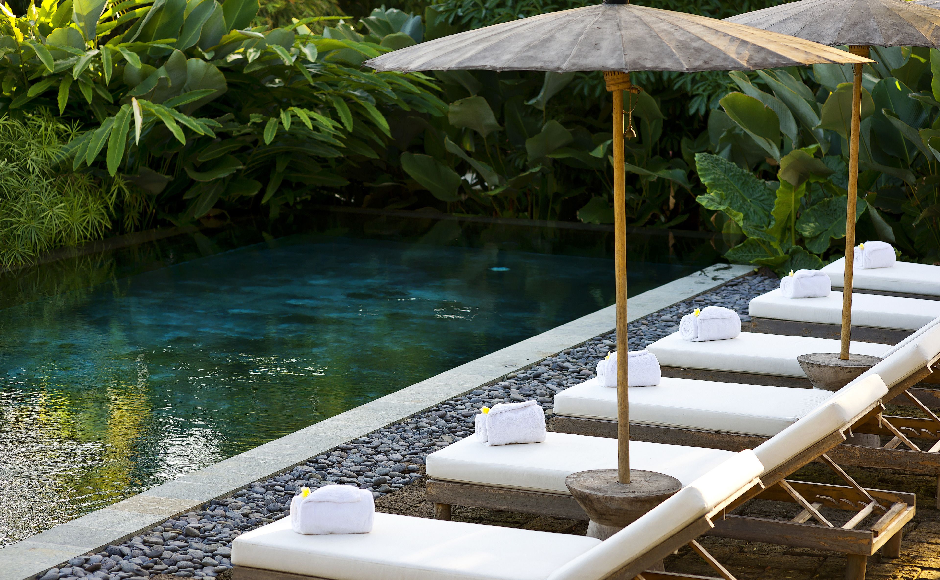 A poolside area with lounge chairs and an umbrella, surrounded by lush greenery.