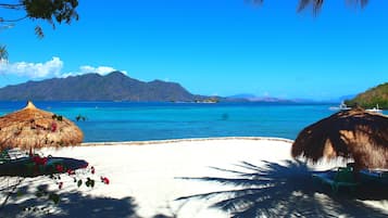 Plage privée, chaises longues, parasols, serviettes de plage