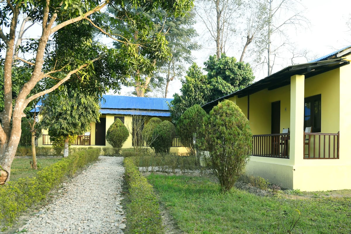 Um edifício amarelo com telhado azul, rodeado por árvores e um caminho de cascalho.