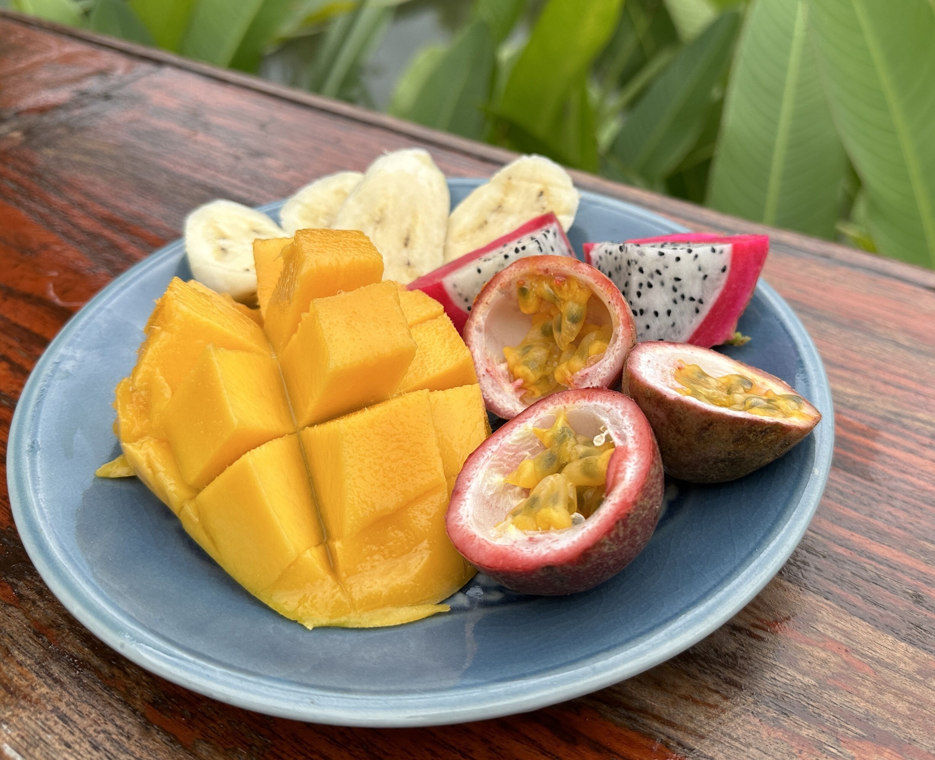 A plate with sliced mango, passion fruit, and dragon fruit on a blue plate.
