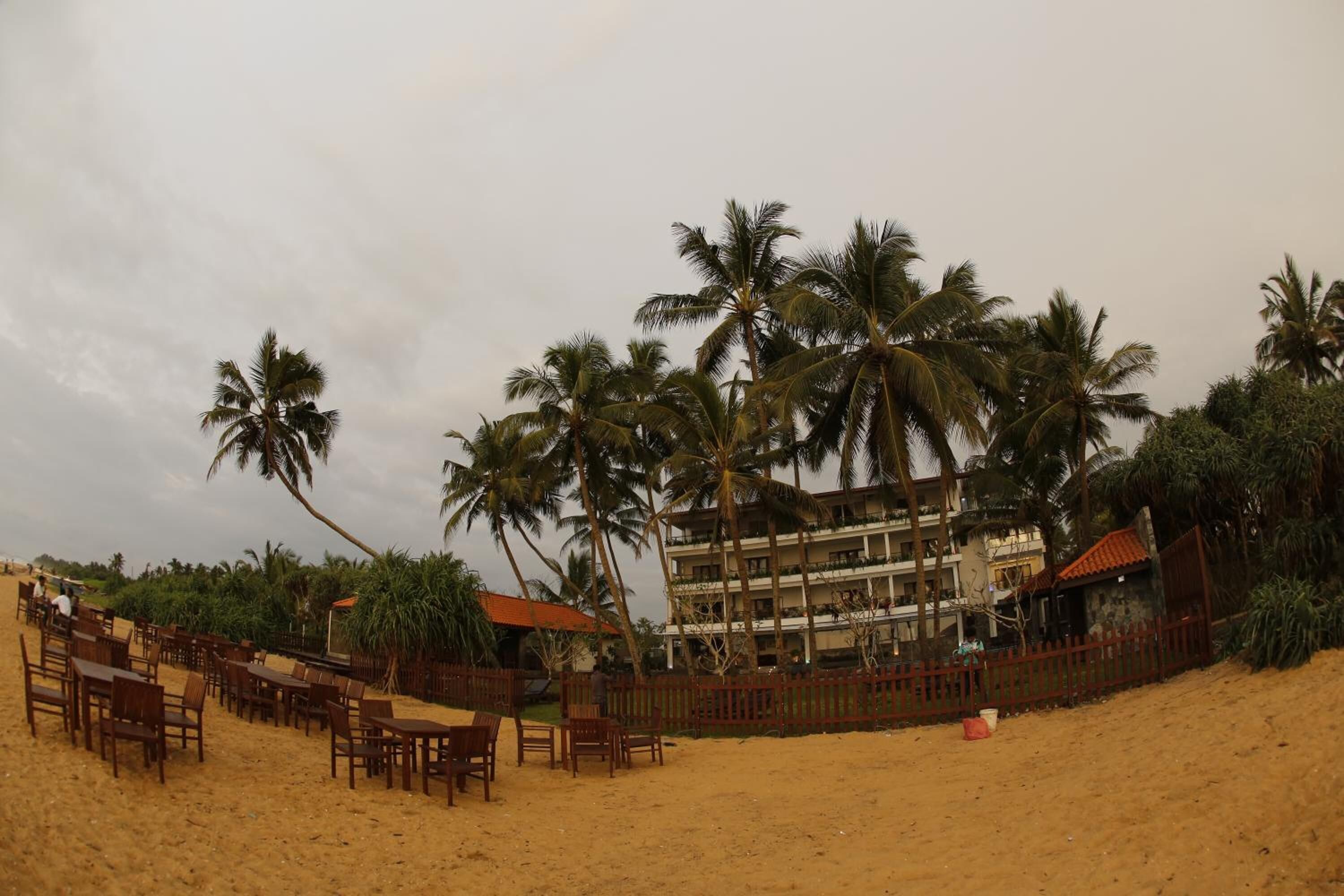 Un restaurante en la playa con terraza, palmeras y un edificio con varios balcones al fondo.