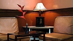 A seating area with cushioned chairs and a table, a lamp, and a decorative plant. - Bamboo Garden Business Inn (Dipolog)