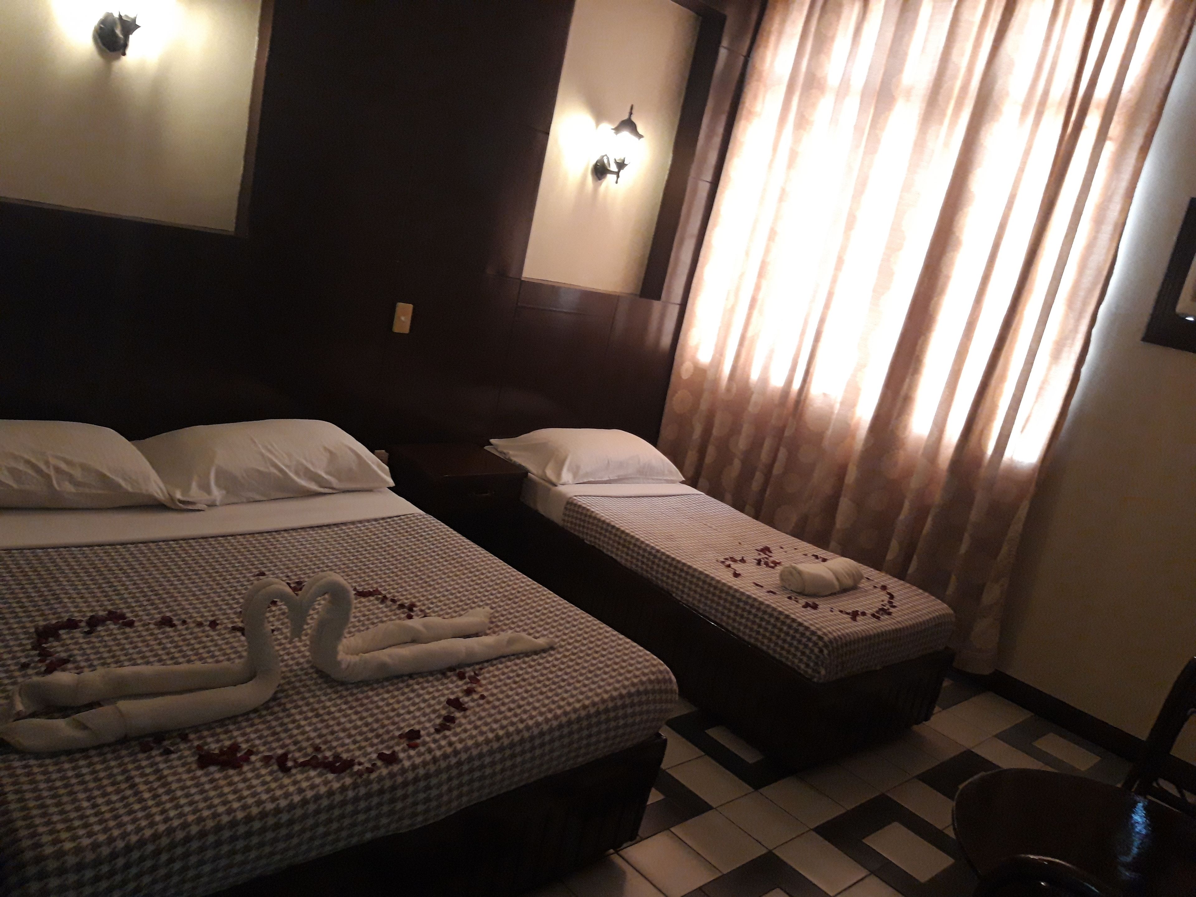 A hotel room with two beds, each with a swan towel and rose petals.